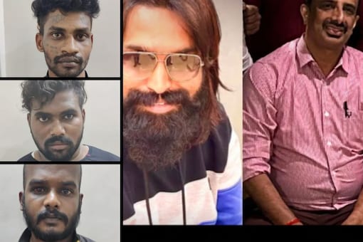 (Left row) The trio arrested for the murder of Aeronics Media MD and CEO. (News18/ANI)